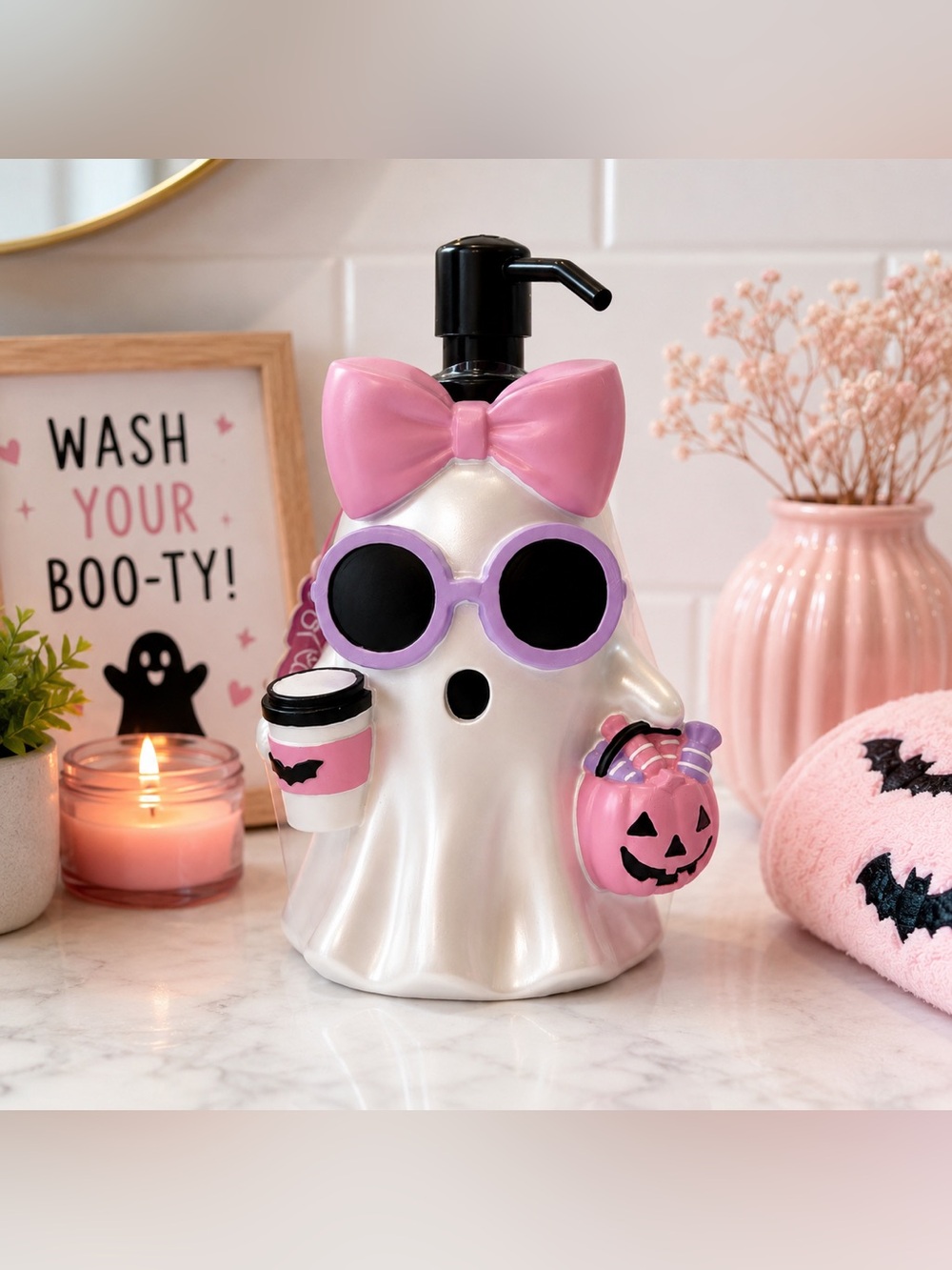Halloween Ghost Soap Dispenser with Pink Bow and Sunglasses